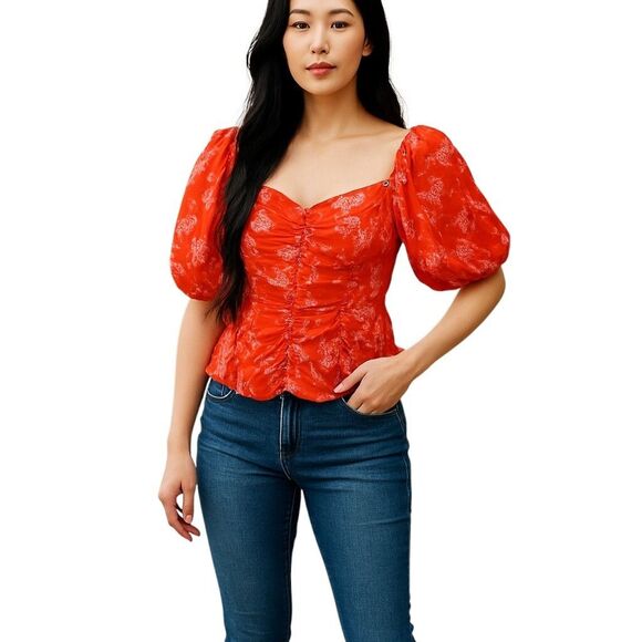 AVA & VIV Womens Sz 1X Orange Floral Puff Sleeves Smocked Blouse - Picture 1 of 13
